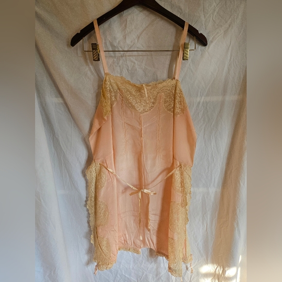 Vintage Other - Stunning Art Deco 1920s PinkSilk Lace Slip/Romper Size Large